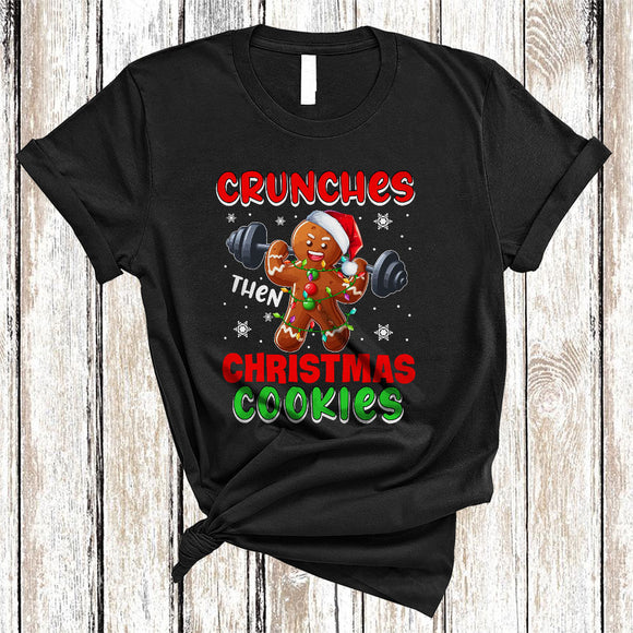 MacnyStore - Crunches Then Beer, Sarcastic Christmas Santa Gingerbread Weightlifting, X-mas Gym Fitness T-Shirt