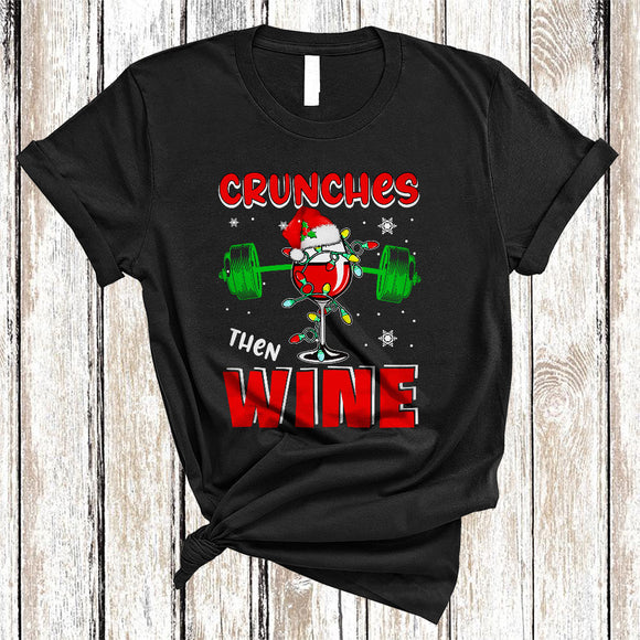 MacnyStore - Crunches Then Beer, Sarcastic Christmas Santa Wine Glass Weightlifting, X-mas Gym Fitness T-Shirt