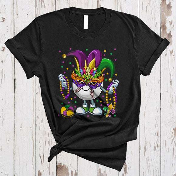 MacnyStore - Cute Baseball With Mardi Gras Mask Beads Jester Hat, Joyful Mardi Gras Sport Player, Parades T-Shirt