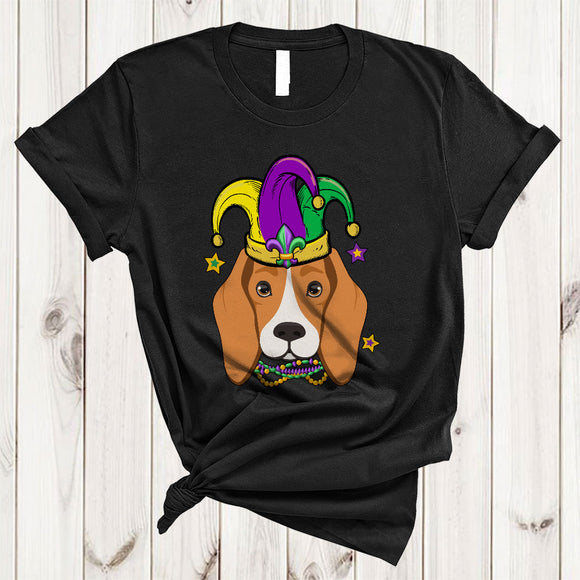 MacnyStore - Cute Beagle Face Jester Hat, Awesome Mardi Gras Beads, Matching Parades Group T-Shirt