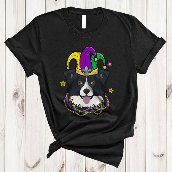 MacnyStore - Cute Border Collie Face Jester Hat, Awesome Mardi Gras Beads, Matching Parades Group T-Shirt