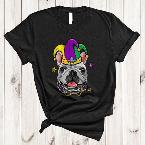 MacnyStore - Cute Bulldog Face Jester Hat, Awesome Mardi Gras Beads, Matching Parades Group T-Shirt