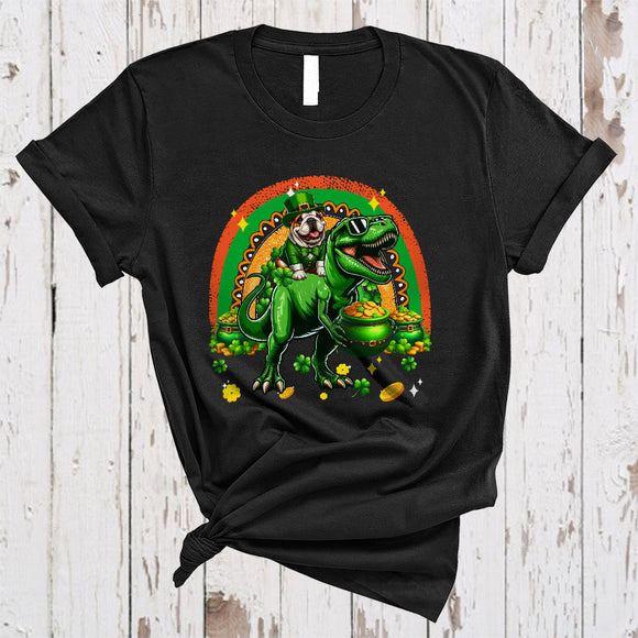 MacnyStore - Cute Bulldog Riding T-Rex Rainbow, Amazing St. Patrick's Day Rainbow, Lucky Irish Shamrock T-Shirt