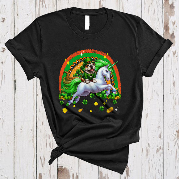 MacnyStore - Cute Bulldog Riding Unicorn Rainbow, Amazing St. Patrick's Day Rainbow, Lucky Irish Shamrock T-Shirt