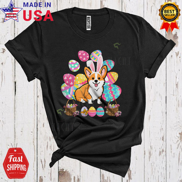 MacnyStore - Cute Bunny Corgi With Easter Eggs Basket Funny Cool Easter Day Egg Hunt Matching Corgi Lover T-Shirt
