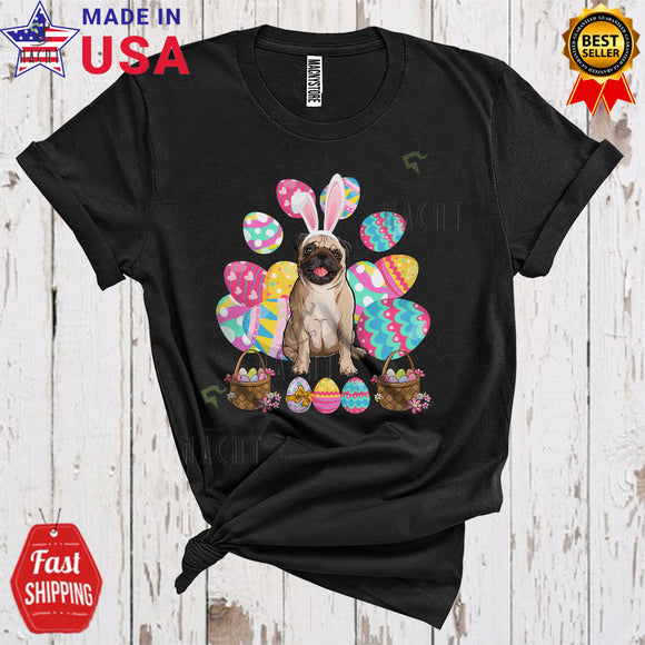 MacnyStore - Cute Bunny Pug With Easter Eggs Basket Funny Cool Easter Day Egg Hunt Matching Pug Lover T-Shirt