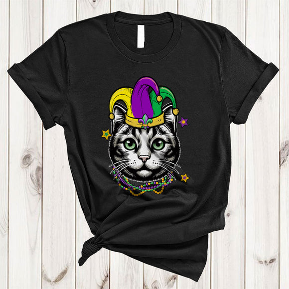 MacnyStore - Cute Cat Face Jester Hat, Awesome Mardi Gras Beads, Matching Parades Group T-Shirt
