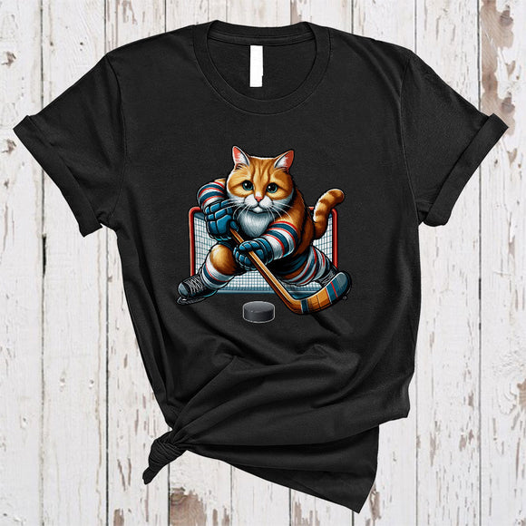 MacnyStore - Cute Cat Playing Hockey, Lovely Cat Owner Hockey Player, Matching Sport Team T-Shirt
