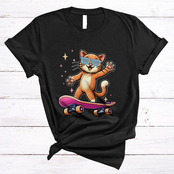 MacnyStore - Cute Cat Playing Skate Board, Humorous Skate Player, Matching Animal Lover T-Shirt