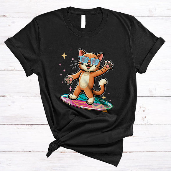MacnyStore - Cute Cat Playing Surfing Board, Humorous Surfing Surfer, Matching Animal Lover T-Shirt