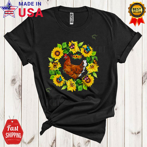 MacnyStore - Cute Chicken In Sunflowers Circle Cool Funny Animal Butterfly Gardener Farm Farmer T-Shirt