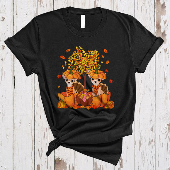 MacnyStore - Cute Chihuahua In Pumpkin, Lovely Cool Thanksgiving Fall Tree Turkey, Matching Animal Lover T-Shirt