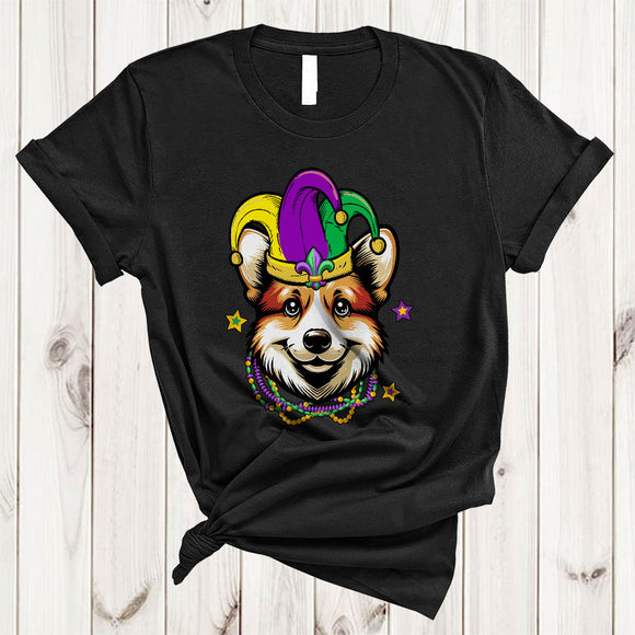 MacnyStore - Cute Corgi Face Jester Hat, Awesome Mardi Gras Beads, Matching Parades Group T-Shirt