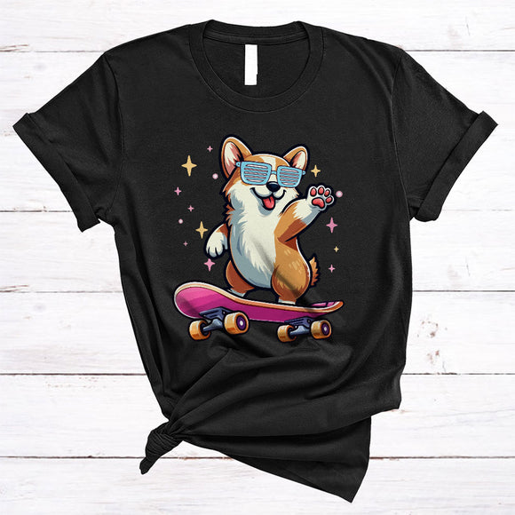 MacnyStore - Cute Corgi Playing Skate Board, Humorous Skate Player, Matching Animal Lover T-Shirt
