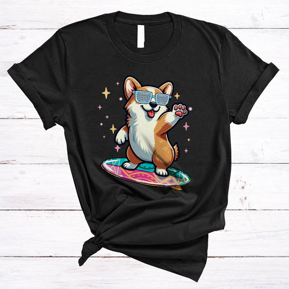 MacnyStore - Cute Corgi Playing Surfing Board, Humorous Surfing Surfer, Matching Animal Lover T-Shirt