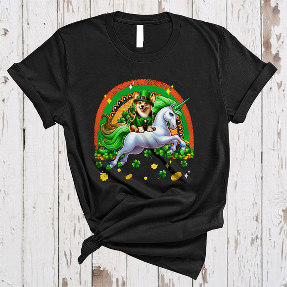MacnyStore - tpqE'EY/s1Cute Corgi Riding Unicorn Rainbow, Amazing St. Patrick's Day Rainbow, Lucky Irish Shamrock T-Shirt