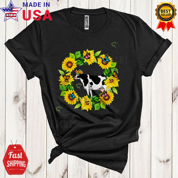 MacnyStore - Cute Cow In Sunflowers Circle Cool Funny Animal Butterfly Gardener Farm Farmer T-Shirt