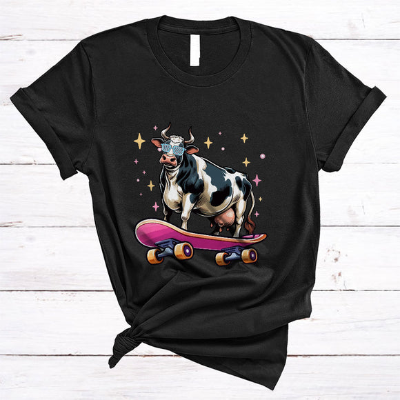 MacnyStore - Cute Cow Playing Skate Board, Humorous Skate Player, Matching Animal Farmer Lover T-Shirt