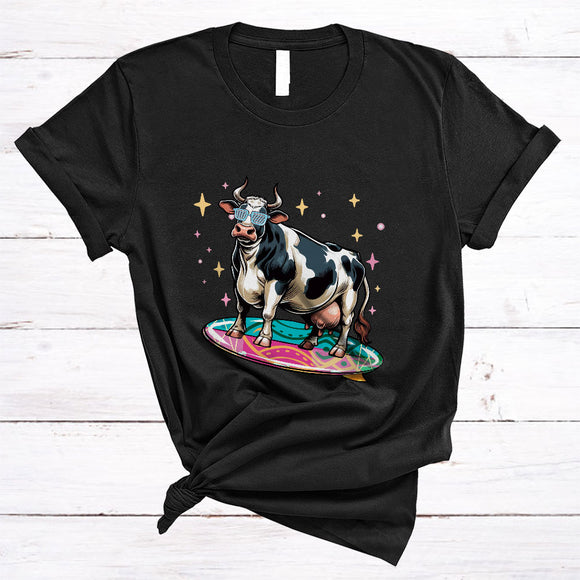 MacnyStore - Cute Cow Playing Surfing Board, Humorous Surfing Surfer, Matching Animal Farmer Lover T-Shirt