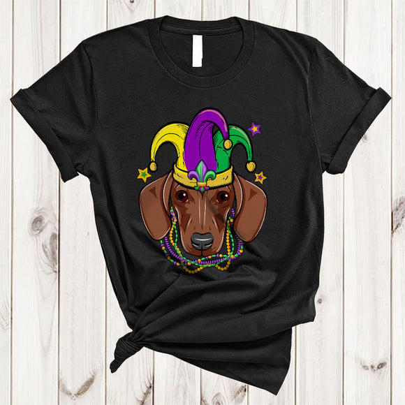 MacnyStore - Cute Dachshund Face Jester Hat, Awesome Mardi Gras Beads, Matching Parades Group T-Shirt
