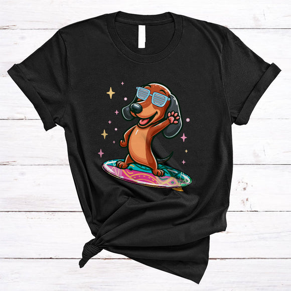 MacnyStore - Cute Dachshund Playing Surfing Board, Humorous Surfing Surfer, Matching Animal Lover T-Shirt