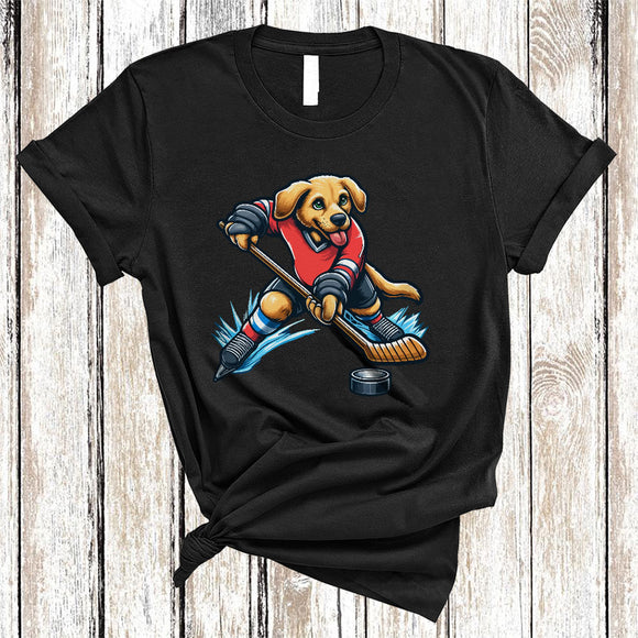 MacnyStore - Cute Dog Playing Hockey, Humorous Hockey Team Player Lover, Sport Family Group T-Shirt