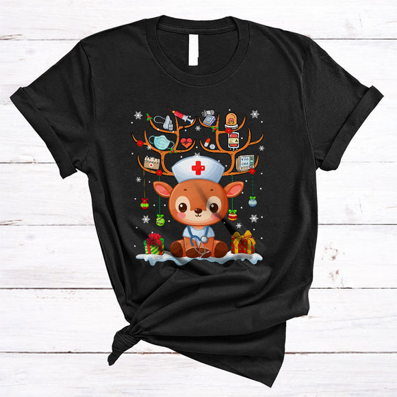 MacnyStore - Cute EMT Reindeer With Nurse Tools, Adorable Christmas Reindeer, X-mas Snow Around T-Shirt