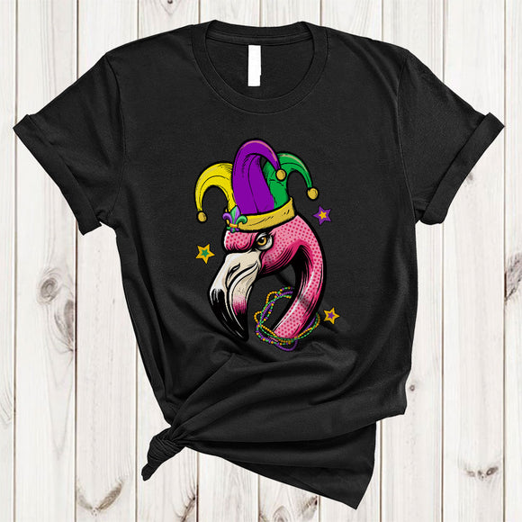 MacnyStore - Cute Flamingo Face Jester Hat, Awesome Mardi Gras Beads, Matching Parades Group T-Shirt