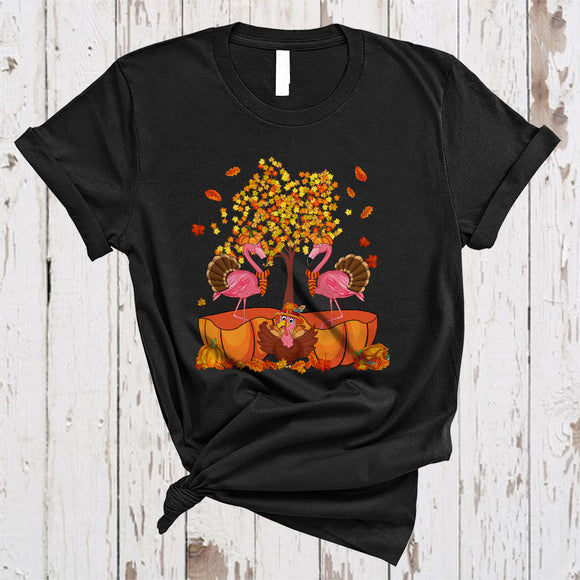 MacnyStore - Cute Flamingo In Pumpkin, Lovely Cool Thanksgiving Fall Tree Turkey, Matching Animal Lover T-Shirt