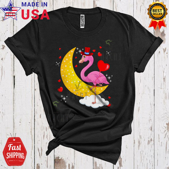MacnyStore - Cute Flamingo On The Moon Cool Funny Valentine's Day Moon Hearts Flamingo Animal Lover T-Shirt