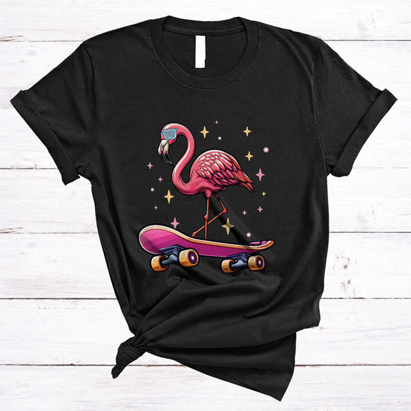 MacnyStore - Cute Flamingo Playing Skate Board, Humorous Skate Player, Matching Animal Lover T-Shirt