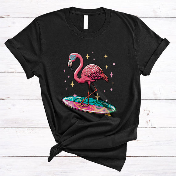 MacnyStore - Cute Flamingo Playing Surfing Board, Humorous Surfing Surfer, Matching Animal Lover T-Shirt