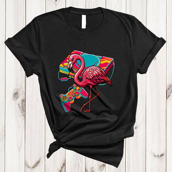 MacnyStore - Cute Flamingo Playing Video Games, Colorful Video Game Controller, Gamer Gaming Lover T-Shirt