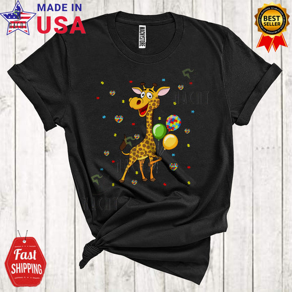 MacnyStore - Cute Giraffe With Autism Puzzle Balloon Heart Funny Cool Autism Awareness Puzzle Giraffe Lover T-Shirt