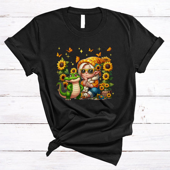 MacnyStore - Cute Girl And Alligator, Adorable Thanksgiving Sunflowers Butterflies, Gardening Wild Animal Lover T-Shirt