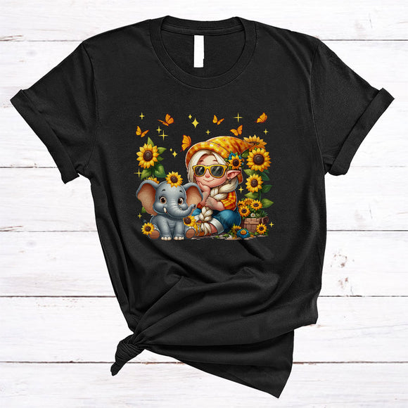 MacnyStore - Cute Girl And Elephant, Adorable Thanksgiving Sunflowers Butterflies, Gardening Wild Animal Lover T-Shirt