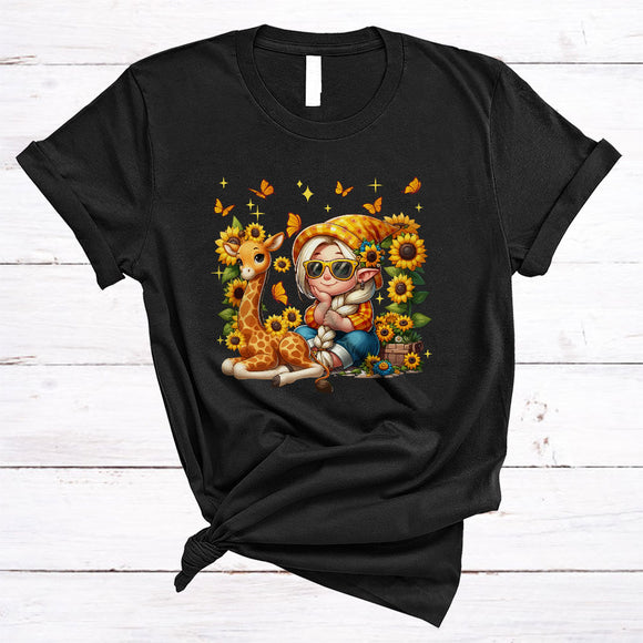 MacnyStore - Cute Girl And Giraffe, Adorable Thanksgiving Sunflowers Butterflies, Gardening Wild Animal Lover T-Shirt