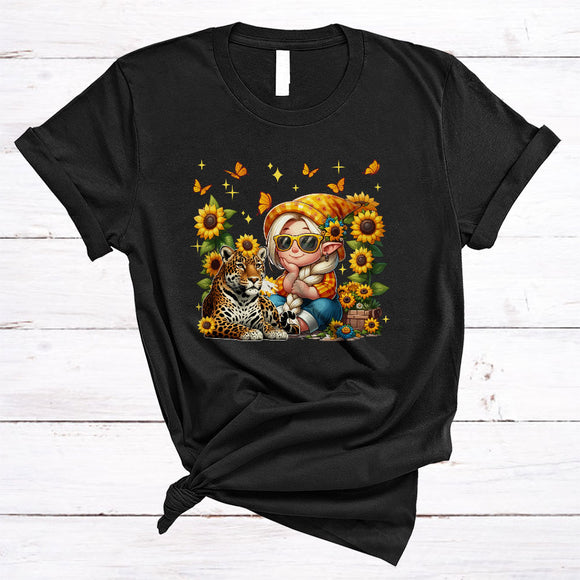 MacnyStore - Cute Girl And Leopard, Adorable Thanksgiving Sunflowers Butterflies, Gardening Wild Animal Lover T-Shirt