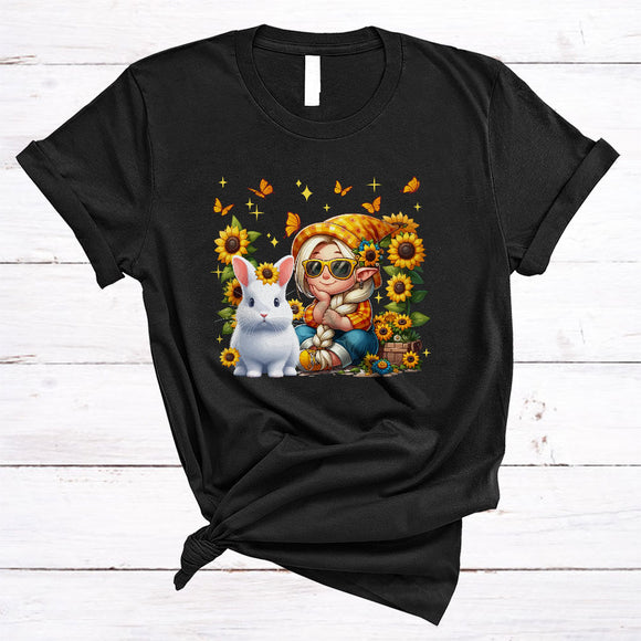 MacnyStore - Cute Girl And Rabbit, Adorable Thanksgiving Sunflowers Butterflies, Gardening Wild Animal Lover T-Shirt