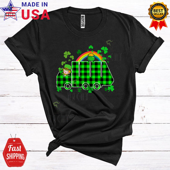 MacnyStore - Cute Leprechaun Driving Green Plaid Garbage Truck Cute Cool St. Patrick's Day Shamrock Rainbow T-Shirt