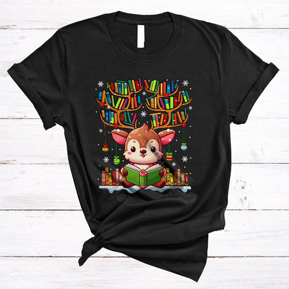 MacnyStore - Cute Librarian Reindeer With Books, Adorable Christmas Reindeer, X-mas Snow Around T-Shirt