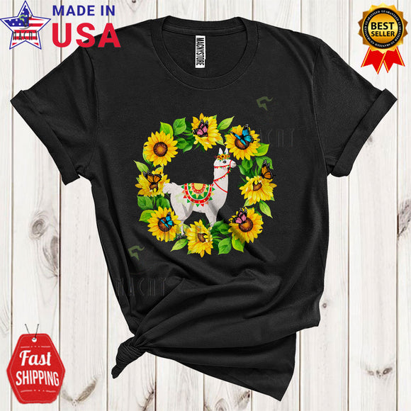 MacnyStore - Cute Llama In Sunflowers Circle Cool Funny Animal Butterfly Gardener Farm Farmer T-Shirt