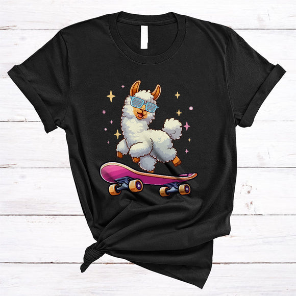 MacnyStore - Cute Llama Playing Skate Board, Humorous Skate Player, Matching Animal Lover T-Shirt