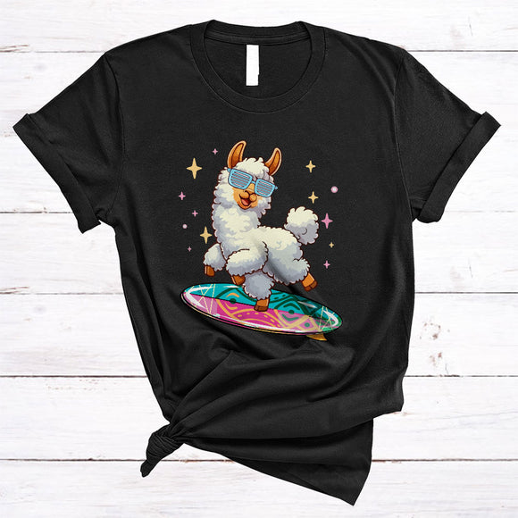 MacnyStore - Cute Llama Playing Surfing Board, Humorous Surfing Surfer, Matching Animal Lover T-Shirt