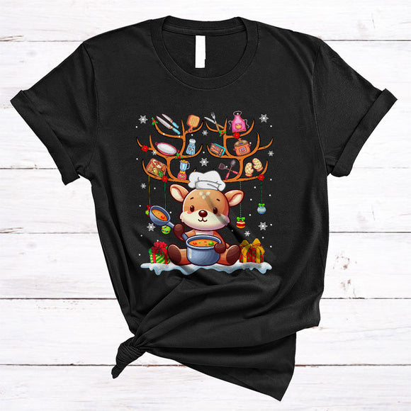 MacnyStore - Cute Lunch Lady Reindeer With Cooking Tools, Adorable Christmas Reindeer, X-mas Snow Around T-Shirt