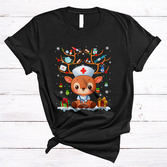 MacnyStore - Cute Nurse Reindeer With Nurse Tools, Adorable Christmas Reindeer, X-mas Snow Around T-Shirt