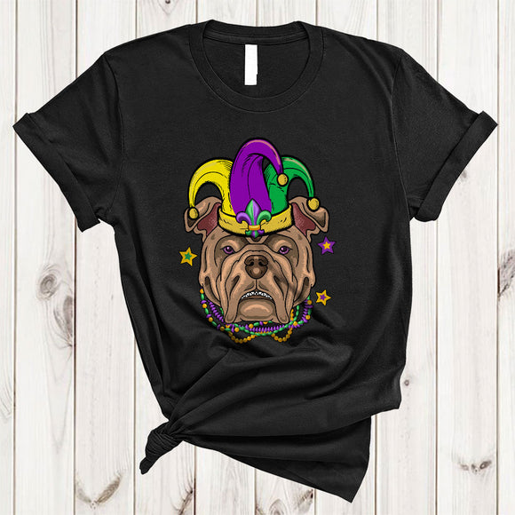 MacnyStore - Cute Pit Bull Face Jester Hat, Awesome Mardi Gras Beads, Matching Parades Group T-Shirt