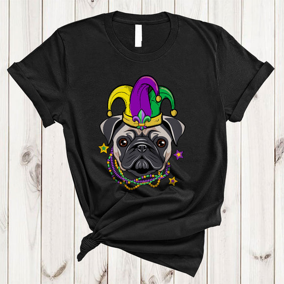 MacnyStore - Cute Pug Face Jester Hat, Awesome Mardi Gras Beads, Matching Parades Group T-Shirt