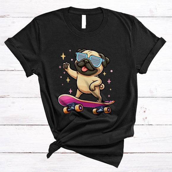 MacnyStore - Cute Pug Playing Skate Board, Humorous Skate Player, Matching Animal Lover T-Shirt