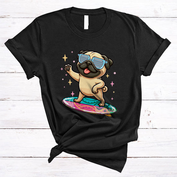 MacnyStore - Cute Pug Playing Surfing Board, Humorous Surfing Surfer, Matching Animal Lover T-Shirt